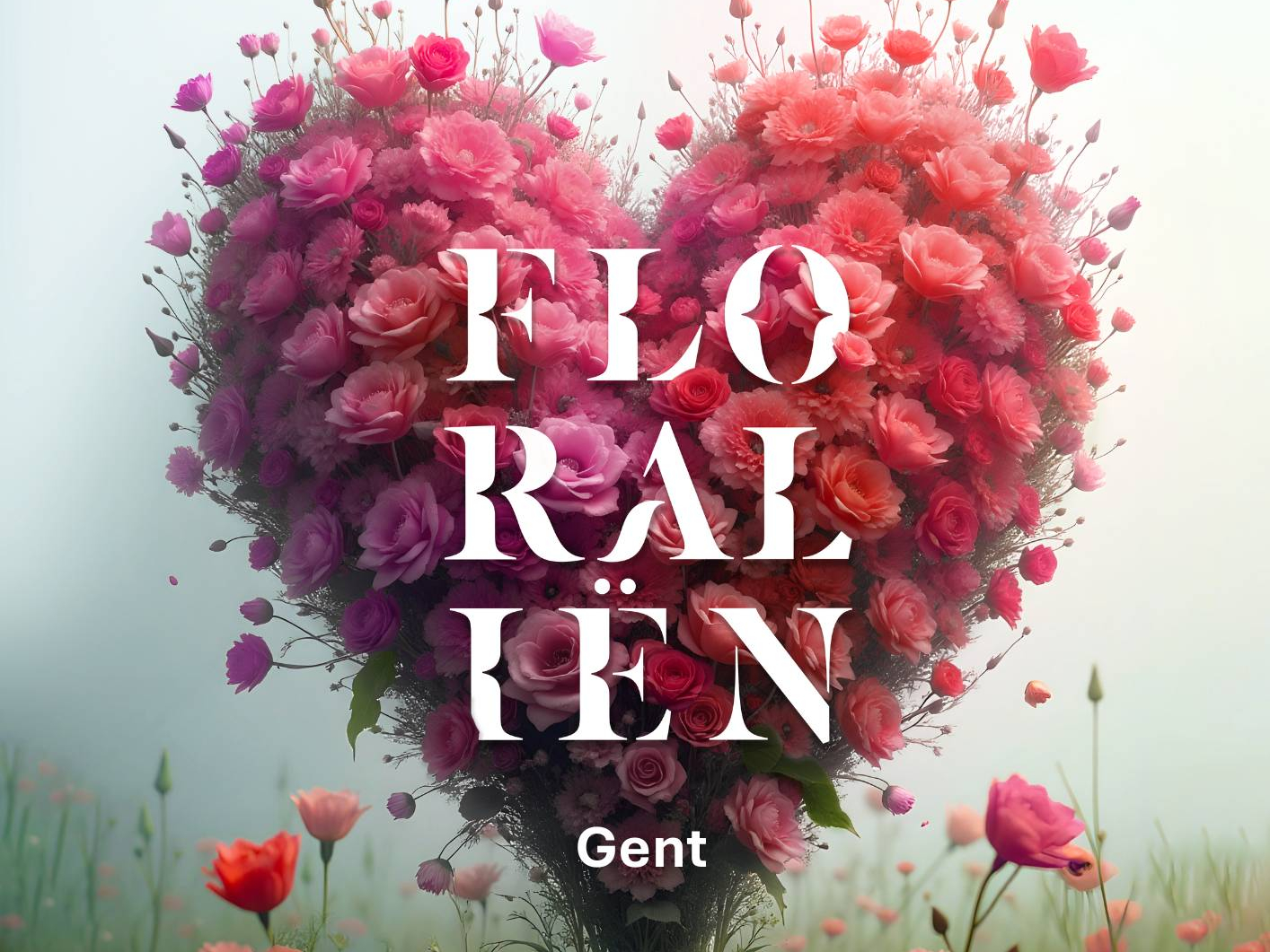 Floraliën Gent 2026 Affichebeeld Floraliën Gent 2026, een groot hart gevormd door rood, paars en roze bloemen